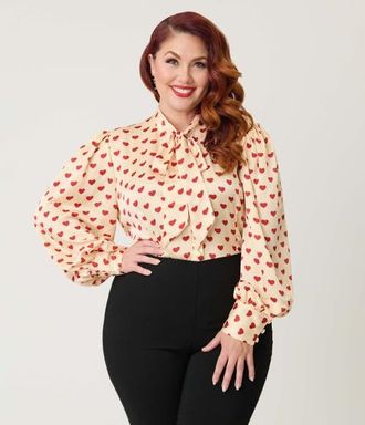 Unique Vintage Plus Size Long Sleeve Neck Tie Gwen Blouse in Champagne & Red Hearts at Nordstrom, Size 2X