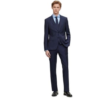 HUGO BOSS Mens Solid Patterned Notch Collared Full Suit in Blue - Size 46 (Chest)