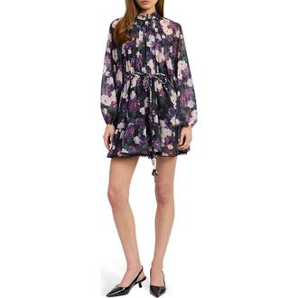 En Saison Jasmine Floral Long Sleeve Chiffon Minidress in Black Purple Mauve at Nordstrom Rack, Size X-Small