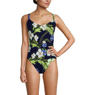 Lands End V-Neck High Leg Strappy Back One Piece in Deep Sea/blue Floral Tropic at Nordstrom, Size 16