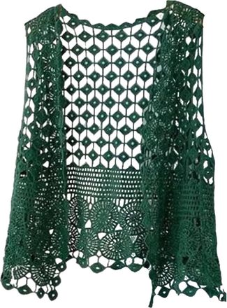 Generic Womens Crochet Hollow Out Sleeveless Open Front Boho Vest Cardigan Solid Color Floral Crochet Lace Boho Trim Sleeveless Vest Cardigan Vest Jacket Croc