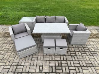 Fimous Outdoor Rattan Garden Funiture Set Height Adjustable Rising Lifting Table Sofa Dining Set with 2 Armchair in Light Grey