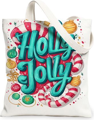 Generic Christmas Candy Cane Canvas Tote Bags, Holiday Sweet Treat Pattern Reusable Grocery Bags, Winter Joyful Lightweight Washabl, White, 13x15 Inch