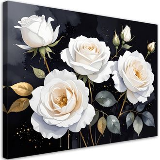 Feeby Cuadro Sobre Lienzo Rosas Blancas Sobre Fondo Negro 100x70