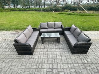 Fimous Outdoor Lounge Sofa Set 9 Seater Rattan Garden Furniture Set with Rectangular Coffee Table 3 Seater Sofa Dark Grey Mixed
