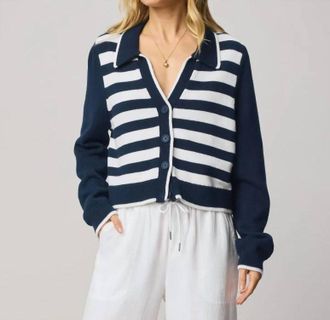 Splendid Nicolette Striped Polo Cardigan In Navy/white