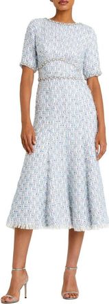 Mac Duggal Short Sleeve Beaded Trim Boucle Midi Dress in Blue Multi at Nordstrom, Size 12