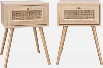 Sweeek Sweeek - Mesita De Noche Con Efecto Madera Y Ca&ntilde;a, Set De 2, Boheme, Natural, 39x39x55.4 Cm