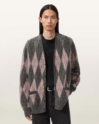 AllSaints Polyamide Andre Argyle Jacquard Cardigan, Size: XXL