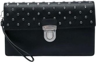 Prada Pre-owned Saffiano Stud Clutch - Dames - Pre-owned - Zwart - Maat: ONE Size Leer