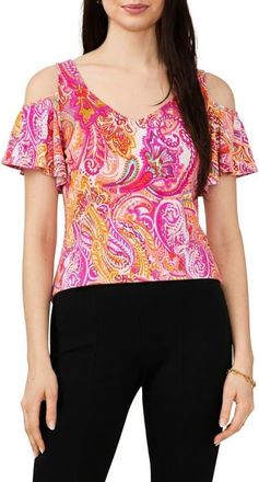 Chaus Print Cold Shoulder Top in White/Fuchsia/Mustard at Nordstrom, Size Medium