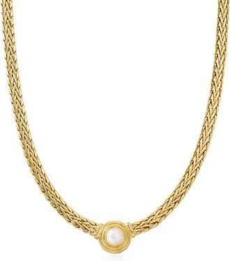 Ross-Simons 8mm Cultured Pearl Flat Wheat-Chain Necklace in 18kt Gold Over Sterling