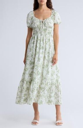 August Sky Floral Puff Sleeve Midi Dress in Olive Multi at Nordstrom Rack, Size Large