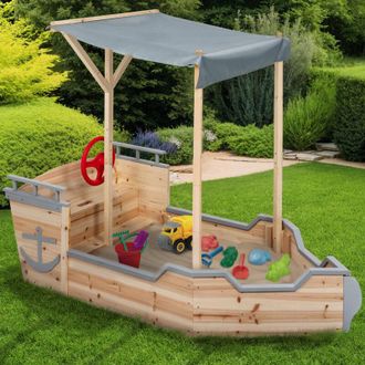 IDMarket Arenero De Madera Barco Pirata World Con Banco Caja Y Techo Gris