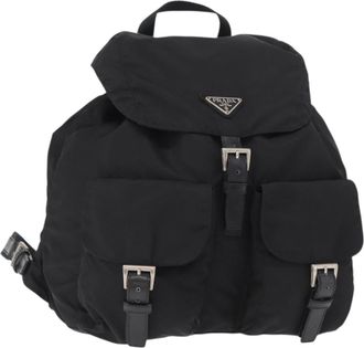 Prada Vela Double Front Pocket Backpack Tessuto With Saffiano Leather Black Nylon Backpack Bag (Pre-Owned)