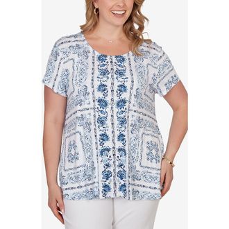 Ruby Rd. Sublimation Floral Jersey Top in Porcelain Blue Multi at Nordstrom Rack, Size 2 X