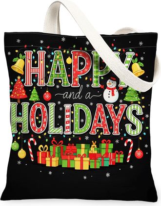 Generic Festive Holiday Canvas Tote Bags, Joyful Gifts Pattern Reusable Grocery Bags, Winter Playful Lightweight Washable Shoulder, Black, 13x15 Inch