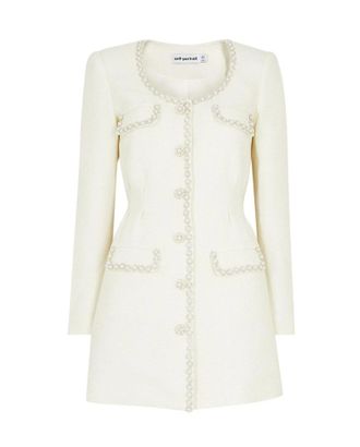 Self Portrait Cream Tweed Faux Pearl Embellished Mini Dress Size XS