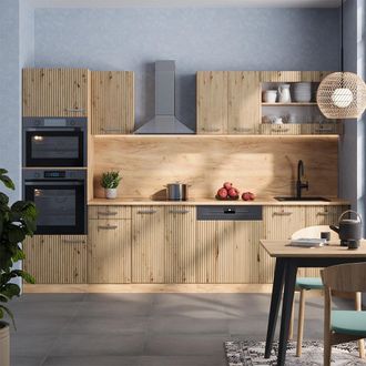 Vicco Mueble De Cocina R-line, Roble Artesanal/roble Dorado, 300 Cm Con Armario Alto, Sin Encimera