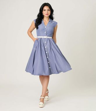 Unique Vintage Shirt Swing Dress in Blue & White Stripe at Nordstrom, Size X-Large