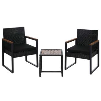 Hhg [nunca Usado] Conjunto De Muebles De Rat&aacute;n Sint&eacute;tico Hhg-733, Conjunto De Sal&oacute;n Para Jard&iacute;n Con 2 Sillas Y Mesa, Madera De Acacia, Tela De 180 G/m&sup2;, N