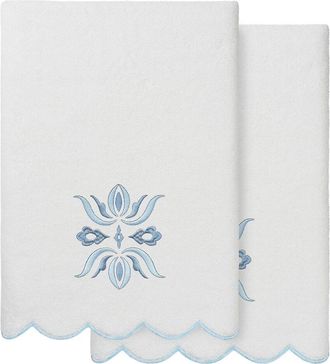 Linum Home Textiles 100% Turkish Cotton Flower Crest Scallop 2Pc Embellished Bath Towel Set