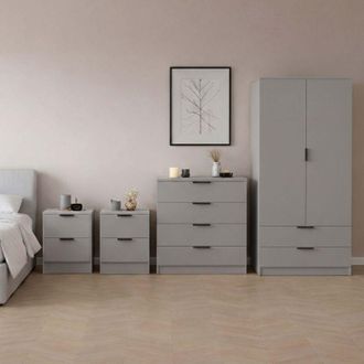 Home Discount Trega 4pc Bedroom Furniture Set - 2x 2 Drawer Bedside, 4 Drawer Chest & 2 Door Wardrobe, Grey