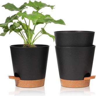 No Brand Juego De 3 Macetas De Pl&aacute;stico Redondas De 6,5 Cm De Di&aacute;metro, Color Negro, Con Sistema De Riego Para Decoraci&oacute;n De Interiores Y Exteriores