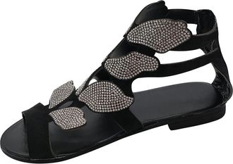 Generic Womens elegant summer sandals, Roman sandals, womens black flat, non-slip beach shoes, open shoes, zip sandals, low rhinestone heel boots, short boots