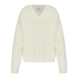 Ami V-neck Knitwear, unisex, Beige, Size: 2XL Sweater with logo