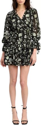 En Saison Emory Mini Dress Womens Black Floral Ruffle Hem V-Neck PAL59