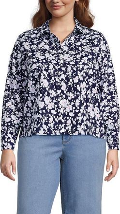 Lands End Plus Size No Iron Boxy Cropped Shirt in Deep Sea Navy Blossoms at Nordstrom, Size 1X