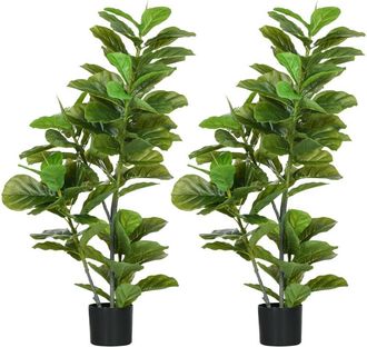 HOMCOM Pack De 2 Ficus Artificiales 110 Cm &Aacute;rboles Artificiales Con 90 Hojas Musgo Y Maceta Decorativa Para Interior Hogar Sal&oacute;n Verde - Homcom