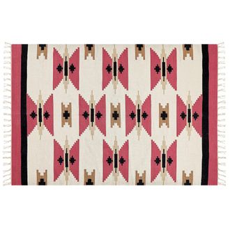 Beliani Beliani - Alfombra Kilim De Algod&oacute;n Rojo Beige Negro 160 X 230 Cm A Mano Geom&eacute;trico Borlas Garni