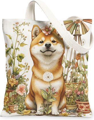 Generic Spring Shiba Inu Dog Canvas Tote Bag for Shopping 13x15, Farmhouse Country Puppy Reusable Grocery Print Bag for Women, Farm Pet Beach Aesthetic Painti