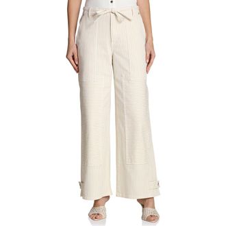 Avec Les Filles Tie Waist Patchwork Wide Leg Pants in Beige - White Stripe at Nordstrom, Size X-Small