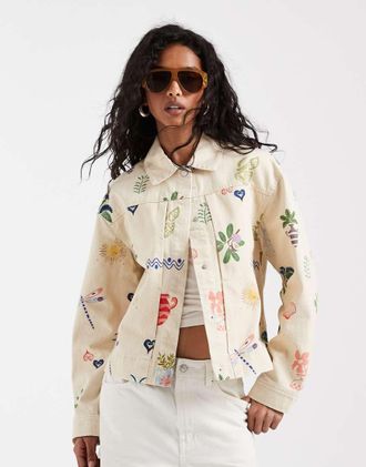 Object Giacca di jeans squadrata con stampa estiva color panna-Multi
