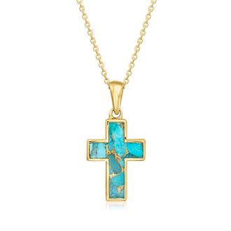 Ross-Simons Turquoise Cross Pendant Necklace in 18kt Gold Over Sterling