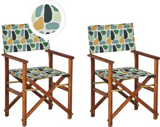 Beliani Conjunto De 2 Sillas De Jard&iacute;n De Madera De Acacia Oscura Verde Naranja Geom&eacute;trico Plegable Cine