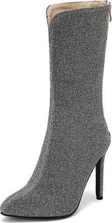 Generic Womens Glitter Pointed Toe Stiletto High Heel Pumps Side Zipper Mid Calf Sock Boots Fashion Party Winter Shoes (7.5,Grey)