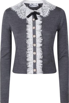 Self Portrait Gebreide Cardigan met kanten kraag - Dames - Vesten - Grijs - S - Katoen - Truien & Vesten