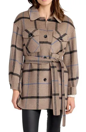 Belle & Bloom Back Together Belted Wool Blend Shacket in Oat Plaid at Nordstrom, Size X-Small
