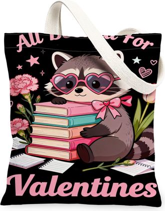 Generic ValentineS Floral Canvas Tote Bags, Cute Animal Pattern Reusable Grocery Bags, Vintage Chic Lightweight Washable for Trave, Black, 13x15 Inch