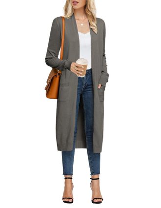 Grace Karin Womens Casual Long Sleeve V Neck Open Front Maxi Long Cardigans with Pockets Knitwear XL Grey