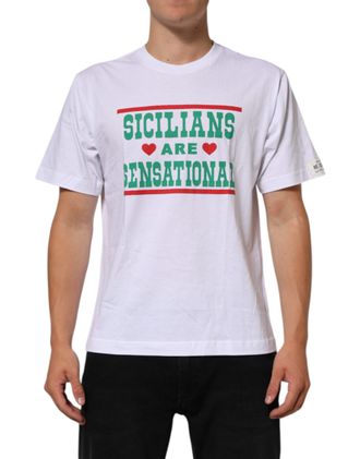 Dolce & Gabbana Mens White Graphic Print Cotton Crew Neck T-Shirt