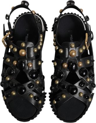Dolce & Gabbana Mens Black Leather Studded Slides Sandals Shoes Calfskin