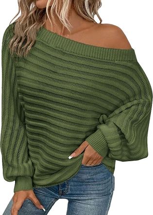 Generic Womens Fall Sweaters Off The Shoulder Batwing Sleeve Textured Knit Tops Oversized One Shoulder Sweater Green