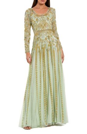 Mac Duggal Beaded Mesh Long Sleeve Scoop Neck A Line Gown in Light Sage at Nordstrom, Size 12