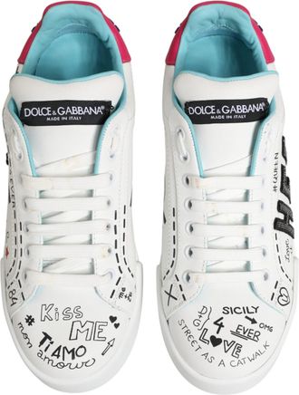 Dolce & Gabbana Womens White Leather Graffiti Low Top Sneakers Shoes 100lf