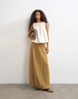 Topshop Gonna lunga color cammello con fondo a palloncino stropicciato e laccio-Neutro